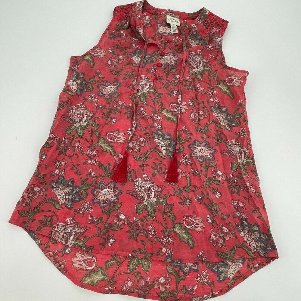 St. John's Bay Top Small Womens Cabaret Red Floral Sleeveless Tassel Boho - Picture 2 of 11